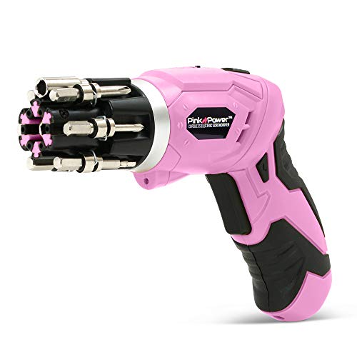 Pink Power 4 Volt Rechargeable Cordless Electric Screwdriver Set with Bubble Level - Pink Tool Set for Women Power Tools