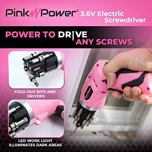 Pink Power 4 Volt Rechargeable Cordless Electric Screwdriver Set with Bubble Level - Pink Tool Set for Women Power Tools