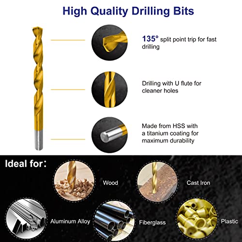 99 Pieces Titanium Twist Drill Bit Set, 135° Tip High Speed Steel, Size from 1/16" up to 3/8", Ideal Drilling in Wood/Cast Iron/Aluminum Alloy/Plastic/Fiberglass, with Hard Storage by HURRICANE