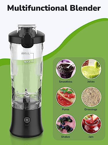 Portable Blender 20oz Large Capacity, 6 Blades Mini Blender for Shakes and Smoothies, BPA Free Personal Blender with Rechargeable USB, Fresh Juice Blender for On the Go, Black