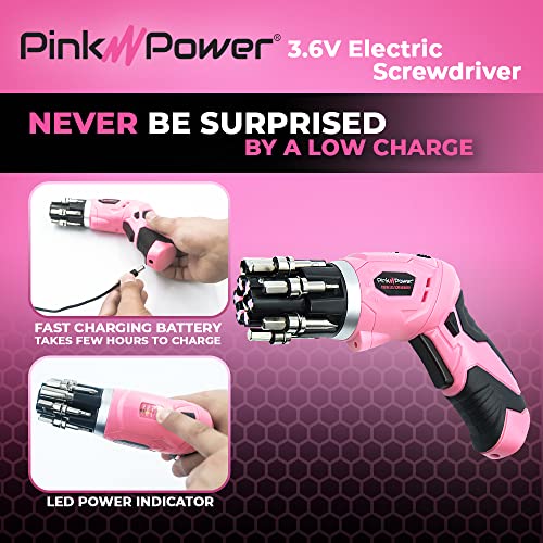 Pink Power 4 Volt Rechargeable Cordless Electric Screwdriver Set with Bubble Level - Pink Tool Set for Women Power Tools