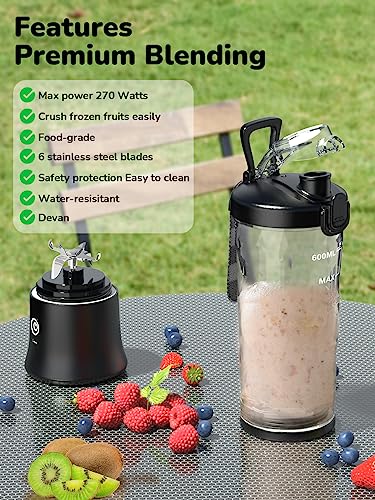 Portable Blender 20oz Large Capacity, 6 Blades Mini Blender for Shakes and Smoothies, BPA Free Personal Blender with Rechargeable USB, Fresh Juice Blender for On the Go, Black