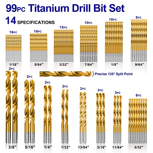 99 Pieces Titanium Twist Drill Bit Set, 135° Tip High Speed Steel, Size from 1/16" up to 3/8", Ideal Drilling in Wood/Cast Iron/Aluminum Alloy/Plastic/Fiberglass, with Hard Storage by HURRICANE