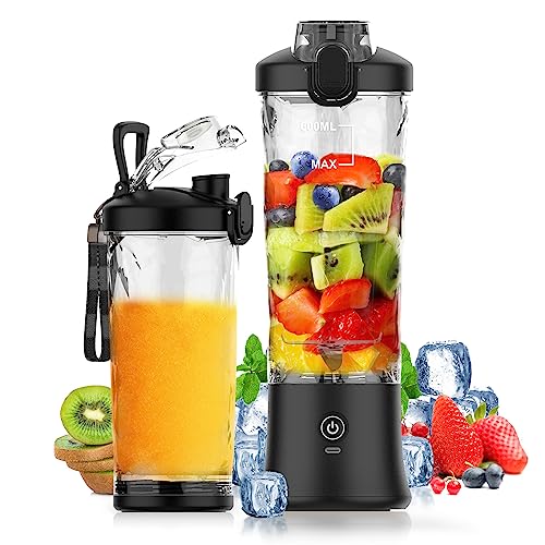 Portable Blender 20oz Large Capacity, 6 Blades Mini Blender for Shakes and Smoothies, BPA Free Personal Blender with Rechargeable USB, Fresh Juice Blender for On the Go, Black