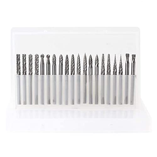 YUFUTOL 20pcs Solid Carbide Burr Set 0.118‘’（3mm）Shank Tungsten Carbide Rotary Files Burrs with 3mm Cutting Head Diameter Fits Most Rotary Drill Die Grinder for Woodworking,Engraving,Drilling,Carving