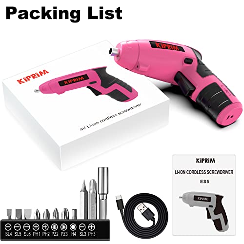 Small Women Pink Electric Screwdriver,Kiprim ES5 Cordless Screwdriver Tool with Rechargeable Battery,LED Front Light & Power Display Light for Home DIY Pink