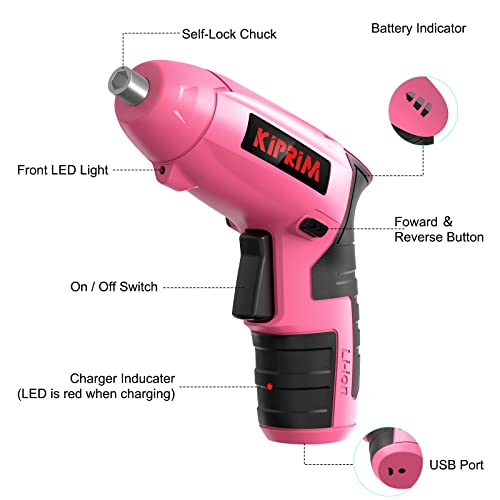 Small Women Pink Electric Screwdriver,Kiprim ES5 Cordless Screwdriver Tool with Rechargeable Battery,LED Front Light & Power Display Light for Home DIY Pink