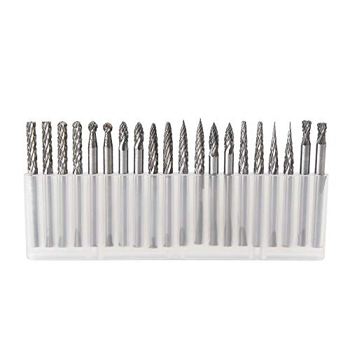 YUFUTOL 20pcs Solid Carbide Burr Set 0.118‘’（3mm）Shank Tungsten Carbide Rotary Files Burrs with 3mm Cutting Head Diameter Fits Most Rotary Drill Die Grinder for Woodworking,Engraving,Drilling,Carving