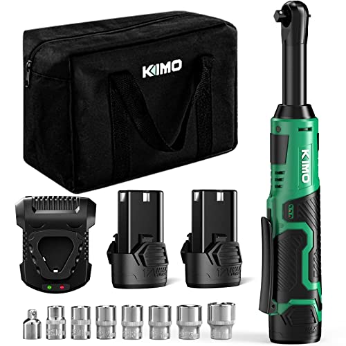 KIMO 3/8" Extended Electric Ratchet Wrench Set, 40 Ft-Lbs 400 Rpm 12V Cordless Wrench w/ 2-Pack 2.0 Ah Batteries, 1 Hour Fast Charger & 8 Sockets, Power Ratchet w/Variable Speed & LED Light