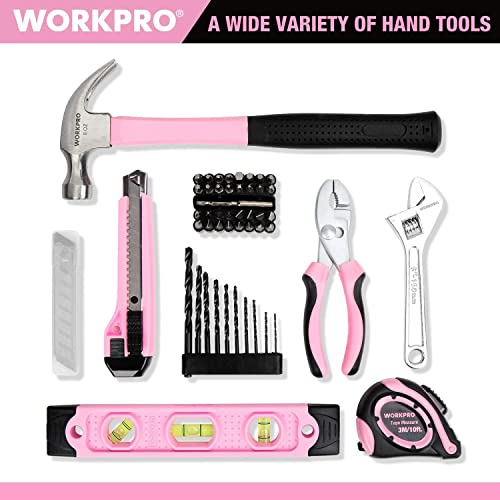 WORKPRO 12V Pink Cordless Drill Driver and Home Tool Kit, Hand Tool Set for DIY, Home Maintenance, 14-inch Storage Bag Included - Pink Ribbon