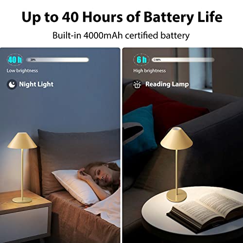 FUNTAPHANTA Modern LED Rechargeable Cordless Table Lamp, IP54 Waterproof, 240LM Dimmable Battery Operated Lamp, 4000mAh Certified Battery, 3000K Portable Bedside Lamp (Gold)