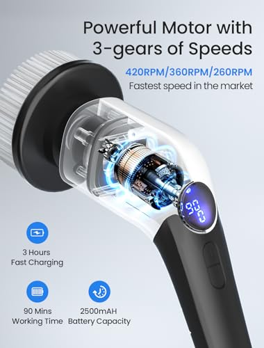 Keimi Electric Spin Scrubber, 2023 New Cordless Voice Prompt Shower Cleaning Brush with 8 Replaceable Brush Heads, 3 Adjustable Speeds, and Adjustable Extension Handle for Bathroom Floor Tile