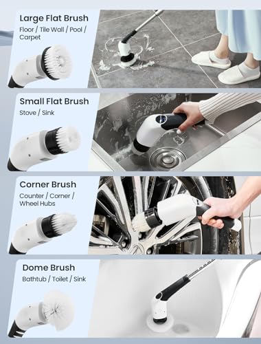 Keimi Electric Spin Scrubber, 2023 New Cordless Voice Prompt Shower Cleaning Brush with 8 Replaceable Brush Heads, 3 Adjustable Speeds, and Adjustable Extension Handle for Bathroom Floor Tile