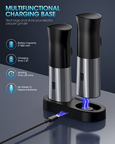 Gravity Electric Salt and Pepper Grinder Set - USB Rechargeable Automatic Grinder - Generous Capacity - Adjustable Fineness - One Handed Operation, Stainless Steel Construction, LED Light