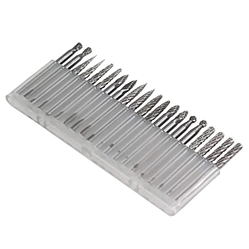 YUFUTOL 20pcs Solid Carbide Burr Set 0.118‘’（3mm）Shank Tungsten Carbide Rotary Files Burrs with 3mm Cutting Head Diameter Fits Most Rotary Drill Die Grinder for Woodworking,Engraving,Drilling,Carving