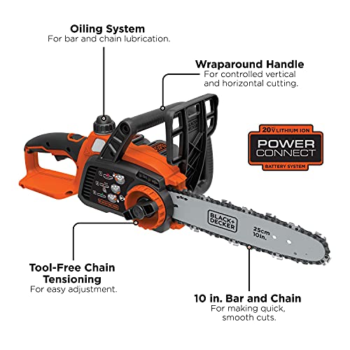BLACK+DECKER 20V MAX Chainsaw Kit, Cordless, 10 inch, Tool-Free Chain Tensioning, Oil Lubrication System, Battery and Charger Included (LCS1020)