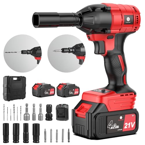 Cordless Impact Wrenches,1/2 Impact Gun, Power Impact Wrench with 370 ft-lbs (450N.m), Includes 21V 4.0Ah Impact Driver Battery, Fast Charger, Sockets, Drill & Screw Bits