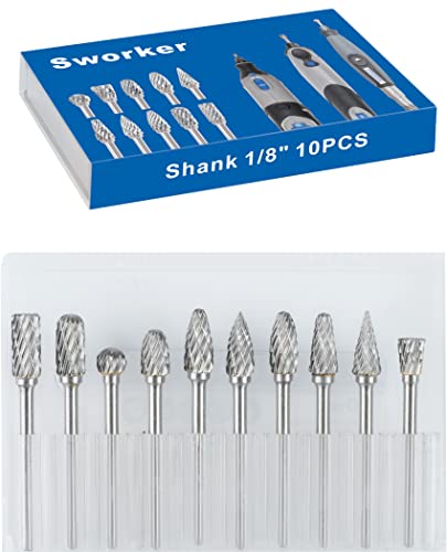 Sworker Carbide Burr Set Compatible with Dremel 1/8" Shank 10PCS Die Grinder Rotary Tool Rasp Bits Accessories Attachments Metal Wood Stone Plastic Carving Cutting Cleaning Grinding Engraving