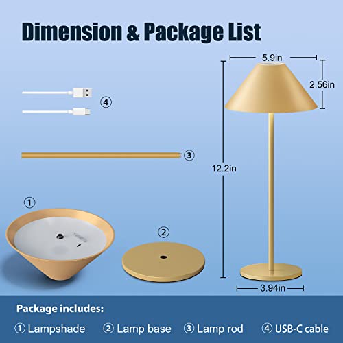 FUNTAPHANTA Modern LED Rechargeable Cordless Table Lamp, IP54 Waterproof, 240LM Dimmable Battery Operated Lamp, 4000mAh Certified Battery, 3000K Portable Bedside Lamp (Gold)