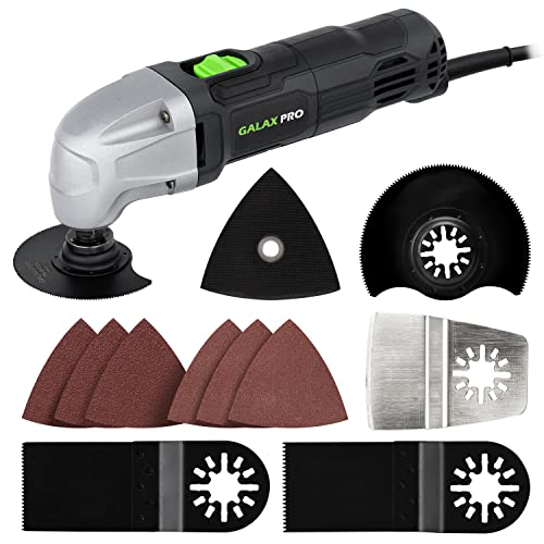 GALAX PRO 22000 OPM 1.5A Oscillating Multi Tool, 3 Degree Oscillating Angle with 3 Pieces Saw Blades, 1 Piece Semi Circle Blade Sanding Plate, 6 Pieces Sanding Papers for Grinding