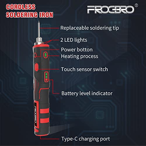 FrogBro 11W Cordless Soldering Iron Kit, Upgrade 2500mAh Max 968℉ Fast Heating Portable, USB Rechargeable High Capacity with Touch Sensor & LED Spotlight