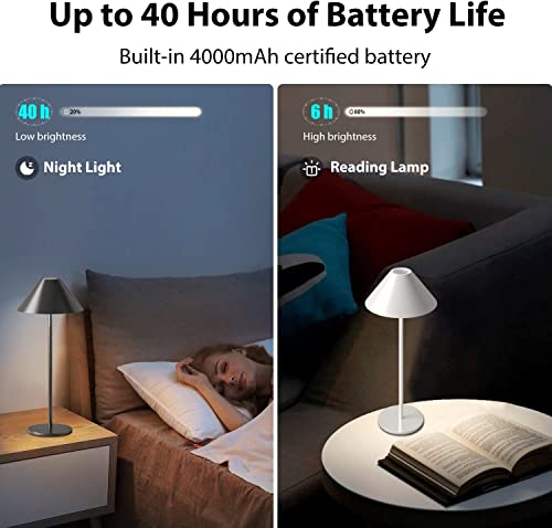 FUNTAPHANTA Modern LED Rechargeable Cordless Table Lamp, IP54 Waterproof, 240LM Dimmable Battery Operated Lamp, 4000mAh Certified Battery, 3000K Portable Bedside Lamp (Black)