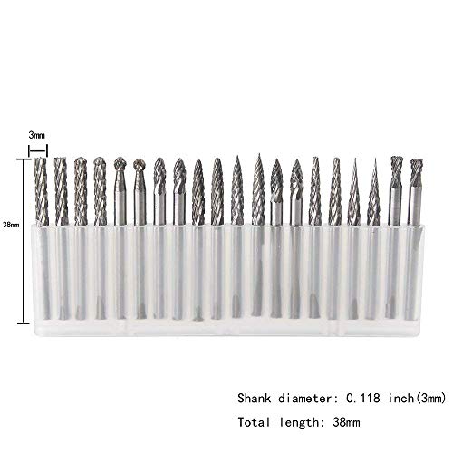 YUFUTOL 20pcs Solid Carbide Burr Set 0.118‘’（3mm）Shank Tungsten Carbide Rotary Files Burrs with 3mm Cutting Head Diameter Fits Most Rotary Drill Die Grinder for Woodworking,Engraving,Drilling,Carving