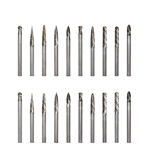 YUFUTOL 20pcs Solid Carbide Burr Set 0.118‘’（3mm）Shank Tungsten Carbide Rotary Files Burrs with 3mm Cutting Head Diameter Fits Most Rotary Drill Die Grinder for Woodworking,Engraving,Drilling,Carving