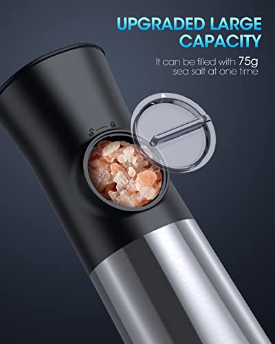 Gravity Electric Salt and Pepper Grinder Set - USB Rechargeable Automatic Grinder - Generous Capacity - Adjustable Fineness - One Handed Operation, Stainless Steel Construction, LED Light