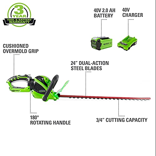 Greenworks 40V 24" Cordless Hedge Trimmer, 2.0Ah Battery and Charger Included