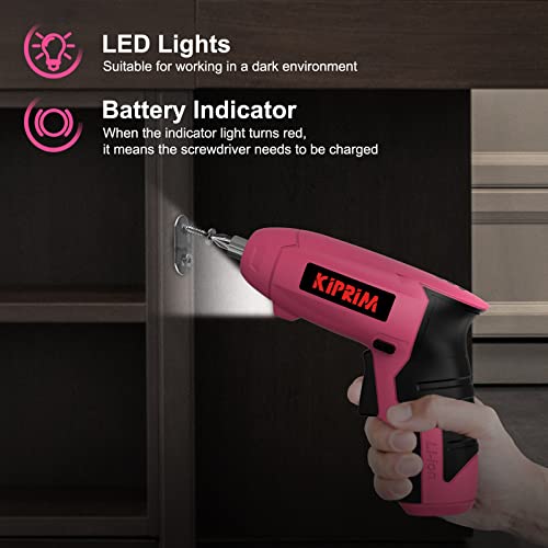 Small Women Pink Electric Screwdriver,Kiprim ES5 Cordless Screwdriver Tool with Rechargeable Battery,LED Front Light & Power Display Light for Home DIY Pink