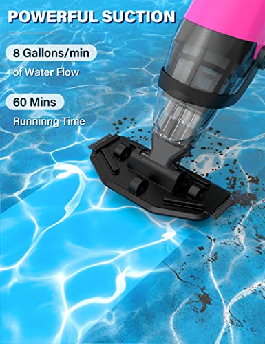 Efurden Handheld Pool Vacuum, Rechargeable Pool Cleaner with Running Time up to 60-Minutes Ideal for Above Ground Pools, Spas and Hot Tub for Sand and Debris, Pink