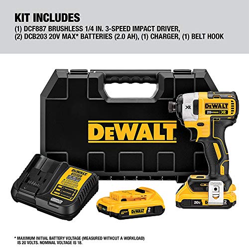 DEWALT 20V MAX XR Cordless Impact Driver Kit, Brushless, 1/4" Hex Chuck, 3-Speed, 2 Batteries and Charger (DCF887D2)