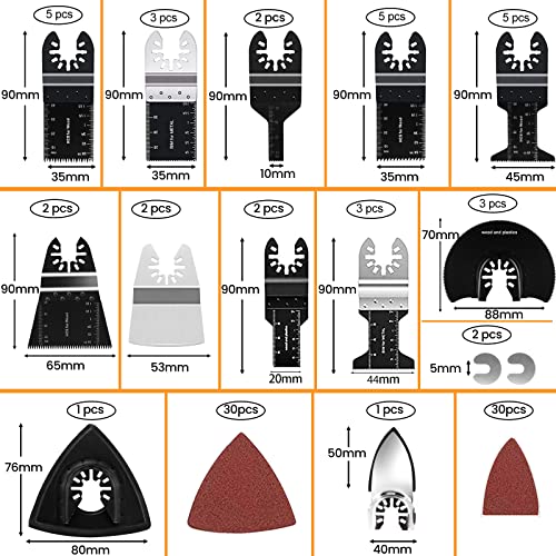 96 Pack Oscillating Saw Blades, CONNOO Oscillating Tool Blades Accessories with Sandpaper, Multitool Bi-Metal Blades for Wood Metal Plastics Quick Release Blades for Dewalt, Makita, Ryobi, Rockwell