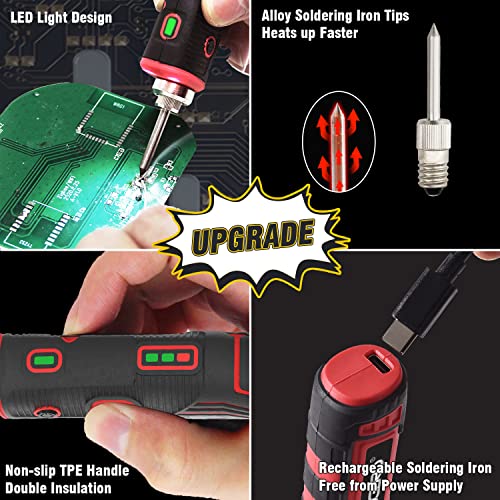 FrogBro 11W Cordless Soldering Iron Kit, Upgrade 2500mAh Max 968℉ Fast Heating Portable, USB Rechargeable High Capacity with Touch Sensor & LED Spotlight