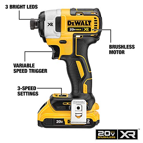 DEWALT 20V MAX XR Cordless Impact Driver Kit, Brushless, 1/4" Hex Chuck, 3-Speed, 2 Batteries and Charger (DCF887D2)