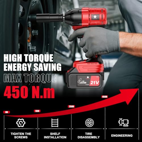 Cordless Impact Wrenches,1/2 Impact Gun, Power Impact Wrench with 370 ft-lbs (450N.m), Includes 21V 4.0Ah Impact Driver Battery, Fast Charger, Sockets, Drill & Screw Bits