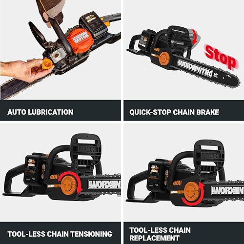 Worx Nitro 40V 16" Cordless Chainsaw WG385 Power Share Battery Chainsaw 59 ft/s Chain Speed Dual Safety Protection, Electric Chainsaw Cordless – 2 Batteries & Charger Included