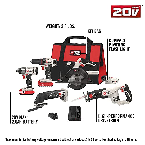 PORTER-CABLE 20V MAX* Cordless Drill Combo Kit, 6-Tool (PCCK617L6)