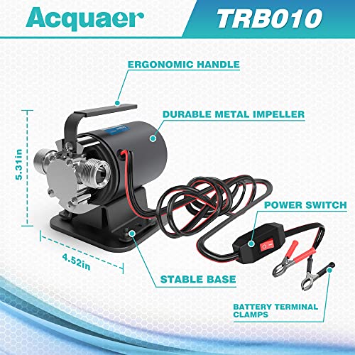 Acquaer Water Transfer Pump DC 12V 1/10HP Portable Electric Water Removal Utility Pump with Switch and Suction Hose Kit, Low Suction Water Removal for RV, Water Beds, Pools, Rain Barrel, Aquariums