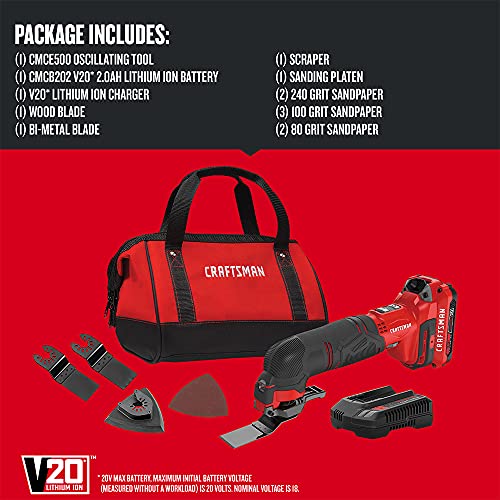 CRAFTSMAN V20 Cordless Multi-Tool, Oscillating Tool Kit, 16 Piece Kit with Blades, Sand Paper, Battery and Charger Included (CMCE500D1)