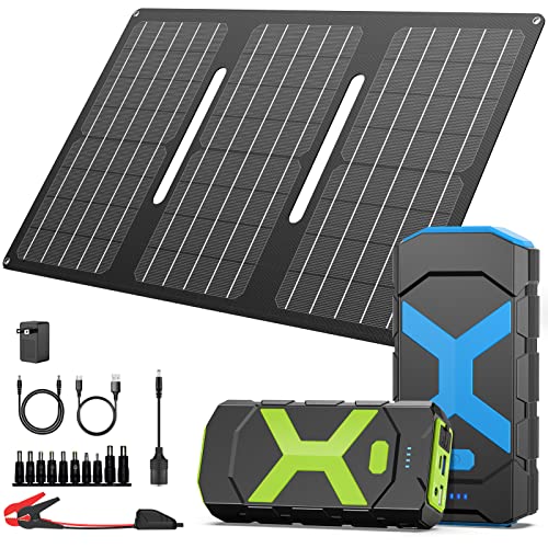 2000A Car Jump Starter with 30W Folding Solar Panel [2 Pieces], 12V Lithium Battery Pack Booster 20000mAh Portable Battery with Jumper Cables for Up to 8L Gas or 6.5L Diesel