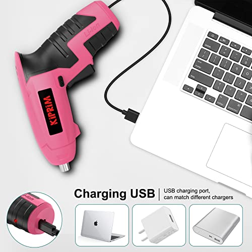 Small Women Pink Electric Screwdriver,Kiprim ES5 Cordless Screwdriver Tool with Rechargeable Battery,LED Front Light & Power Display Light for Home DIY Pink