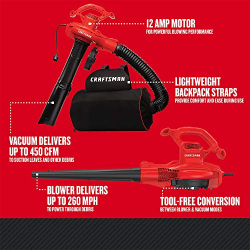 Craftsman 3-in-1 Leaf Blower, Leaf Vacuum and Mulcher, Up to 260 MPH, 12 Amp, Corded Electric (CMEBL7000)