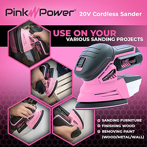 Pink Power Detail Sander for Woodworking 20V Cordless Electric Hand Sander for Wood Furniture - Mini Palm Sander Tool with Sandpaper, 2 Li-Ion Batteries & Charger - Small Handheld Sanding Machine