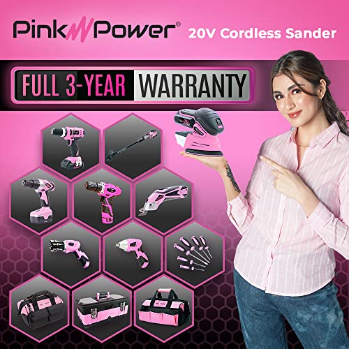 Pink Power Detail Sander for Woodworking 20V Cordless Electric Hand Sander for Wood Furniture - Mini Palm Sander Tool with Sandpaper, Li-Ion Battery & Charger - Small Handheld Sanding Machine