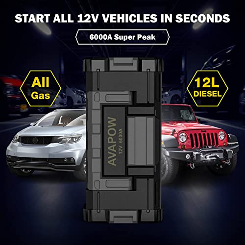 AVAPOW 6000A Car Battery Jump Starter(for All Gas or up to 12L Diesel) Powerful Starter with Dual USB Quick Charge and DC Output,12V Pack Built-in LED Bright Light