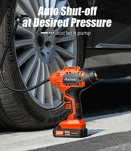 AVID POWER Tire Inflator Air Compressor, 20V Cordless Car Tire Pump with Rechargeable Li-ion Battery, 12V Car Power Adapter, Digital Pressure Gauge