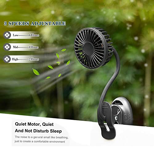 Clip on Fan Usb Mini Fan Battery Operated Desk Fan with Emergency Power Bank, Baby Stroller Fan Rechargeable Personal Fan Flexible Neck 3 Speeds Great for Beach Car Camping Dorm Bed Office-Black