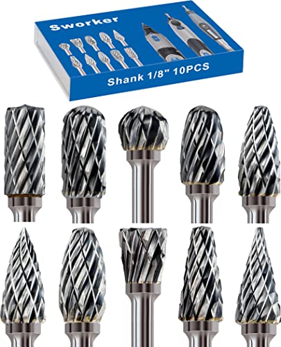 Sworker Carbide Burr Set Compatible with Dremel 1/8" Shank 10PCS Die Grinder Rotary Tool Rasp Bits Accessories Attachments Metal Wood Stone Plastic Carving Cutting Cleaning Grinding Engraving